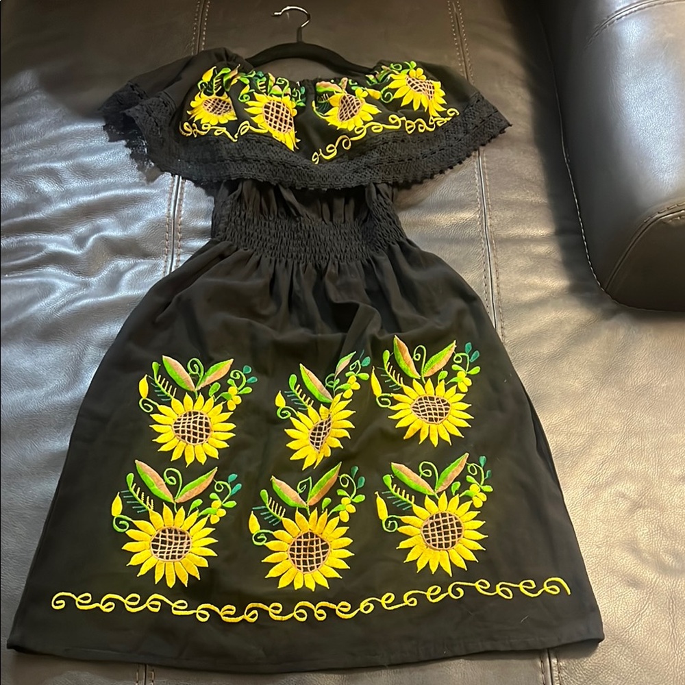 Black and Yellow Sunflower Kids Dress